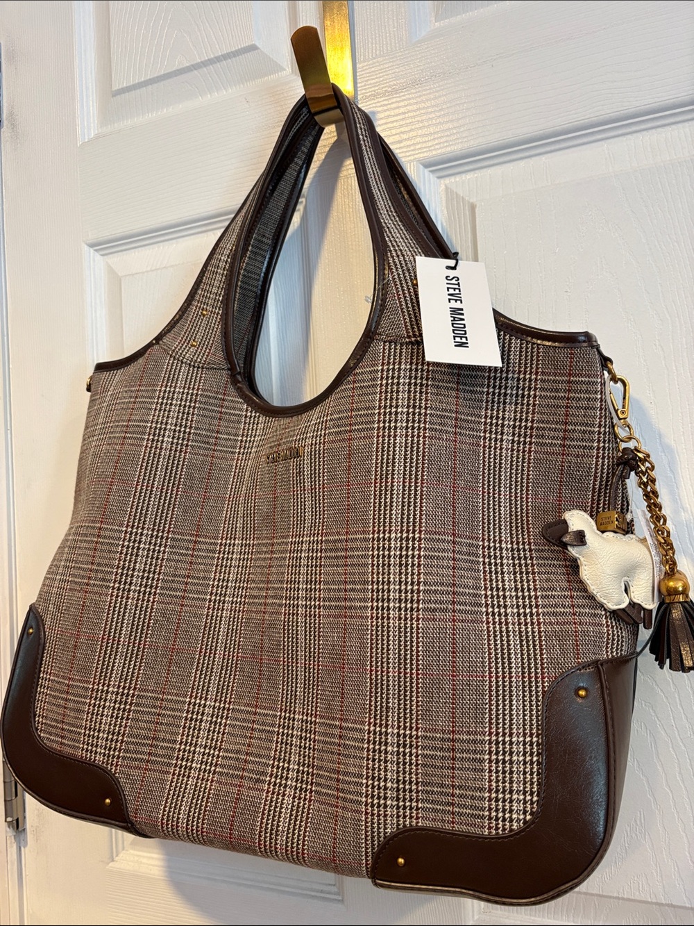 BNWT Steve Madden Large Brown Plaid Tote Bag Faux Leather Trim
